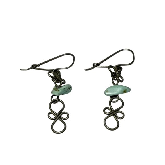Dainty Silver Wire Earrings Pale Blue Turquoise 1.5" Dangle Drop - Picture 10 of 12